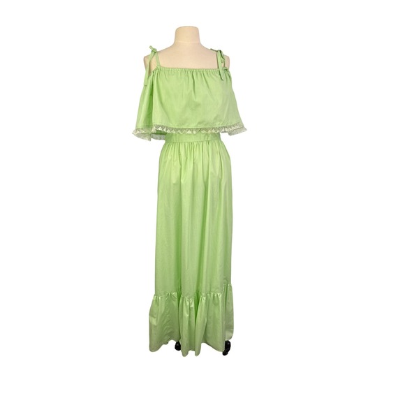 Homemade Dresses & Skirts - Vintage Maxi Dress Green Cottagecore Lace Off Shoulder Ruffle Sundress. 38 bust